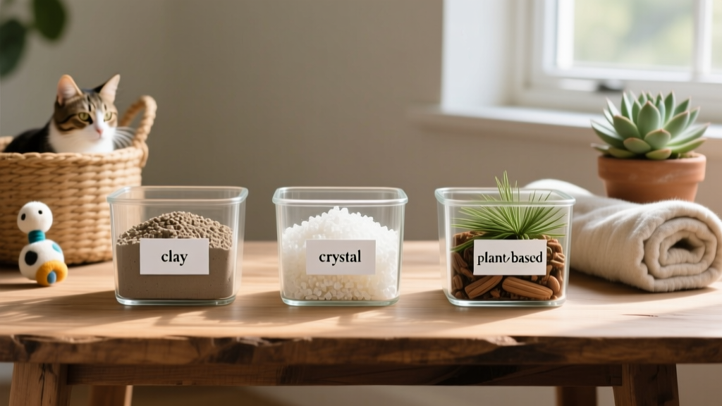 Side-by-side comparison of clay, crystal, and plant-based cat litters in clear containers