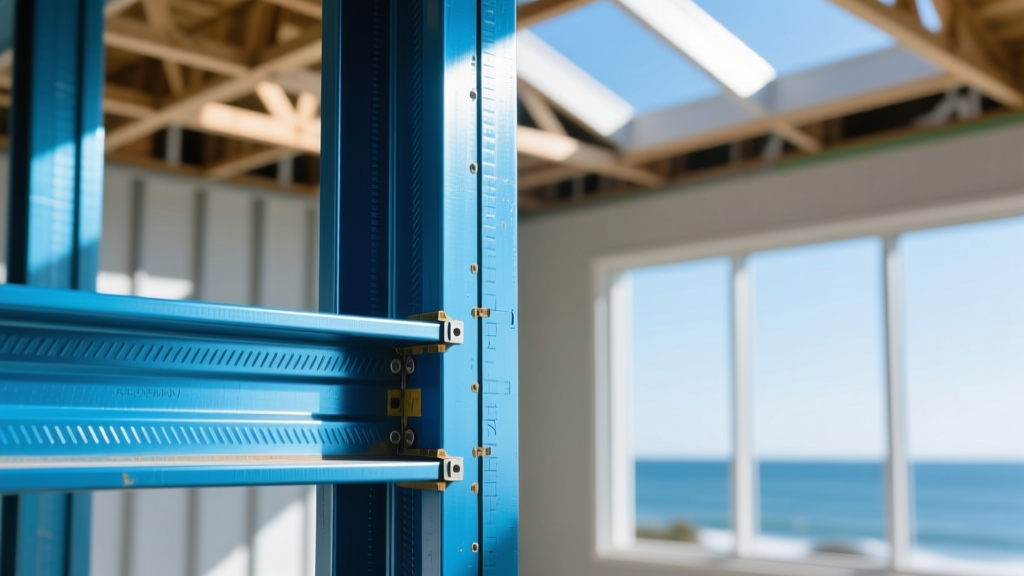 Close-up of galvanized light gauge steel wall studs with blue ZAM coating being installed in a coastal commercial building frame