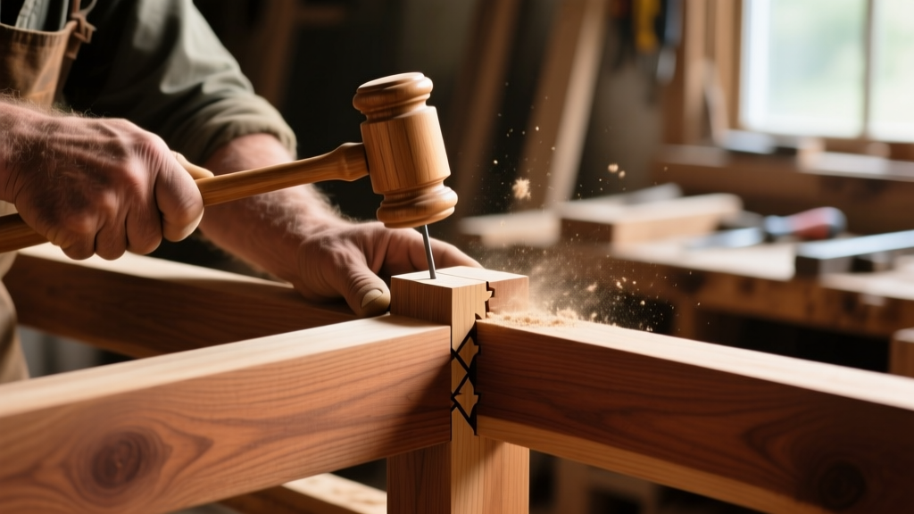 Close-up of a master carpenter fitting a complex wooden dovetail and mortise joint on a heavy oak timber frame using a wooden mallet