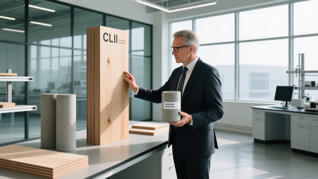 Recruiter examining cross-laminated timber and low-carbon concrete cylinders in a bright, modern material testing laboratory.