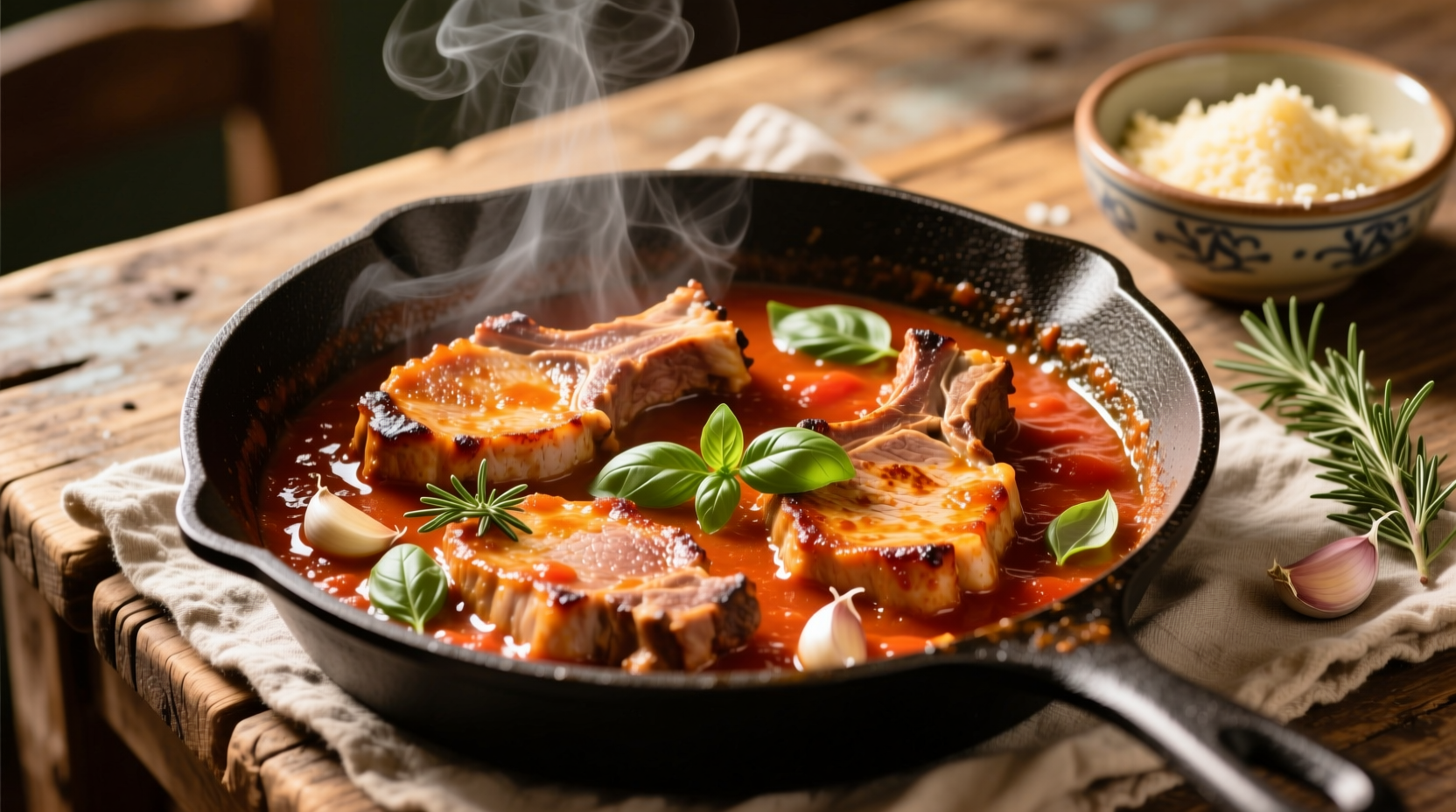 Pork loin chops simmering in rich tomato sauce