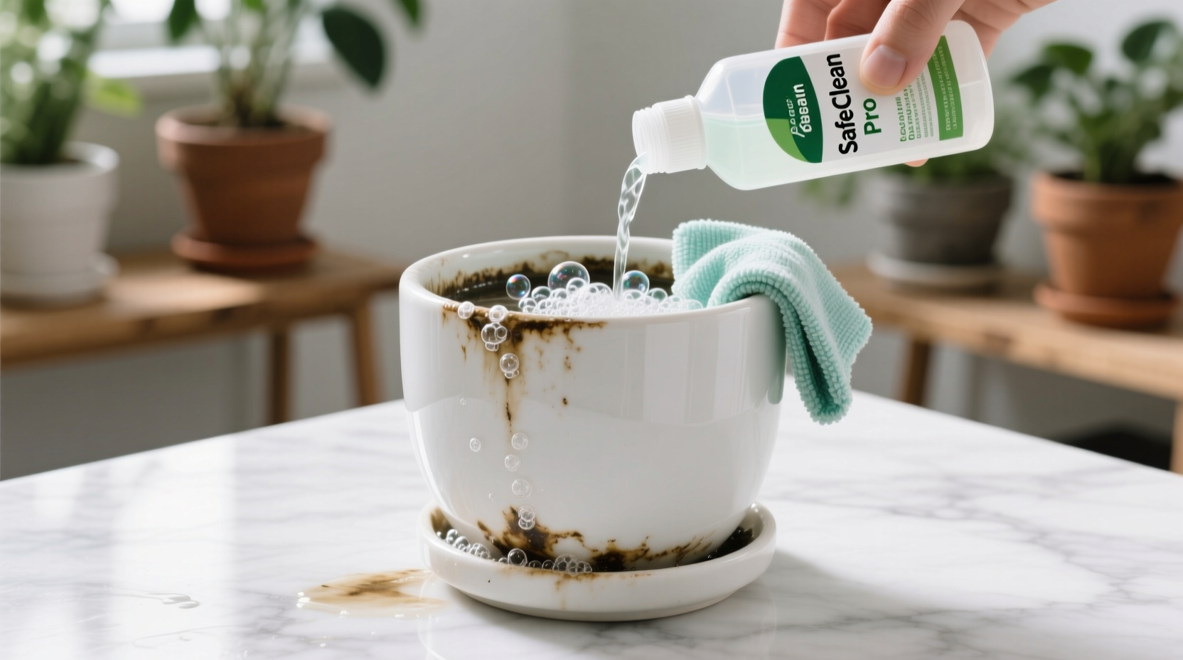 remove hard water stains from ceramic planters without acid