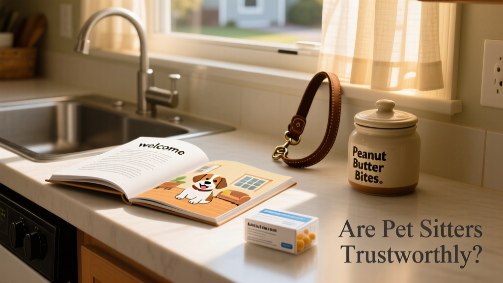 A neatly organized printed welcome guide open on a kitchen counter, next to a leash, treat jar, and labeled medication box