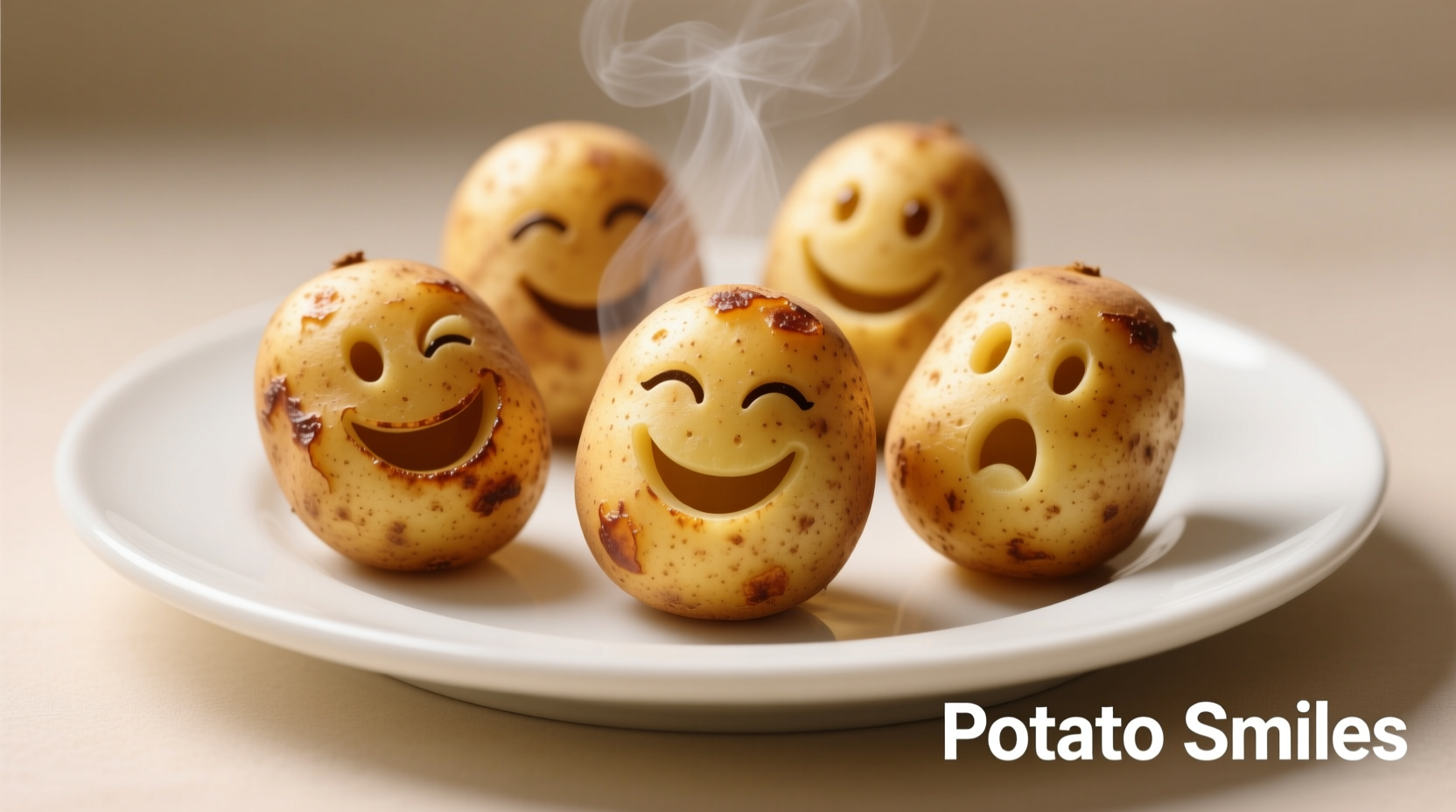 Golden brown potato smileys arranged on white plate