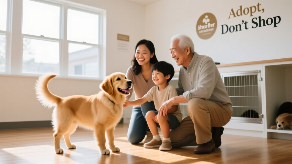 A joyful family meeting their newly adopted dog at a clean, sunlit shelter visit room