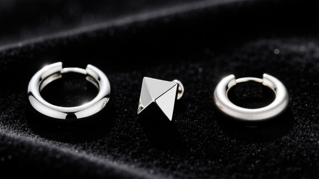 Top-down view of three earring styles on black velvet: a seamless silver hoop, a geometric stud, and a small titanium huggie