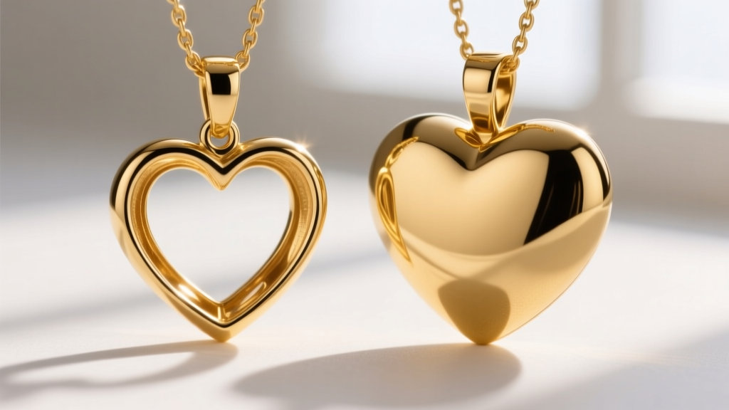 Macro shot comparing a hollow 10k gold heart pendant with a solid 18k gold heart, highlighting edge thickness and finishing.