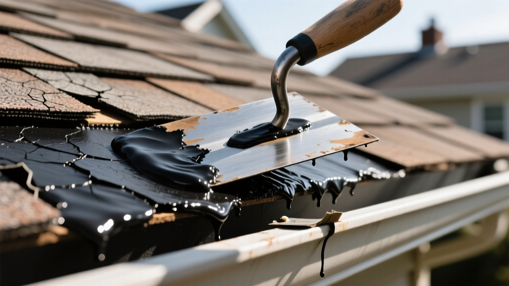 Close-up of a trowel spreading thick black asphalt roof patch material over a cracked flashing joint on a residential shingle roof