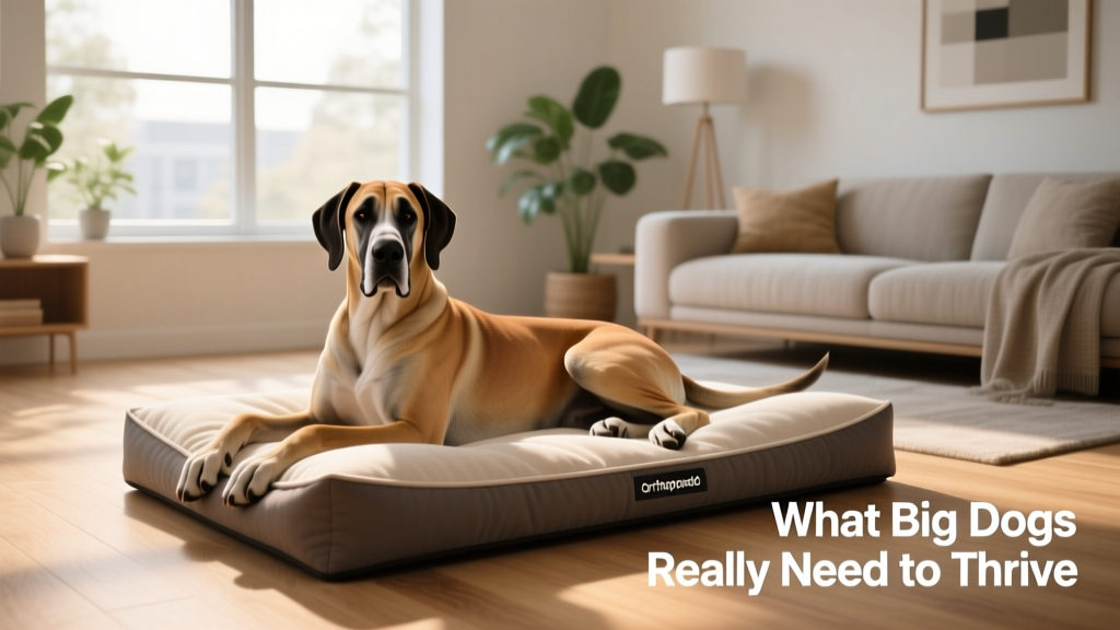 A calm, well-mannered Great Dane resting on a supportive orthopedic dog bed in a spacious living room