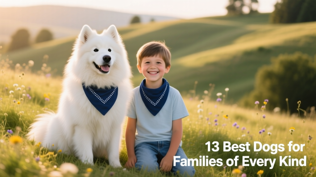 A smiling Samoyed sitting beside a child on a grassy hill, both wearing matching blue bandanas