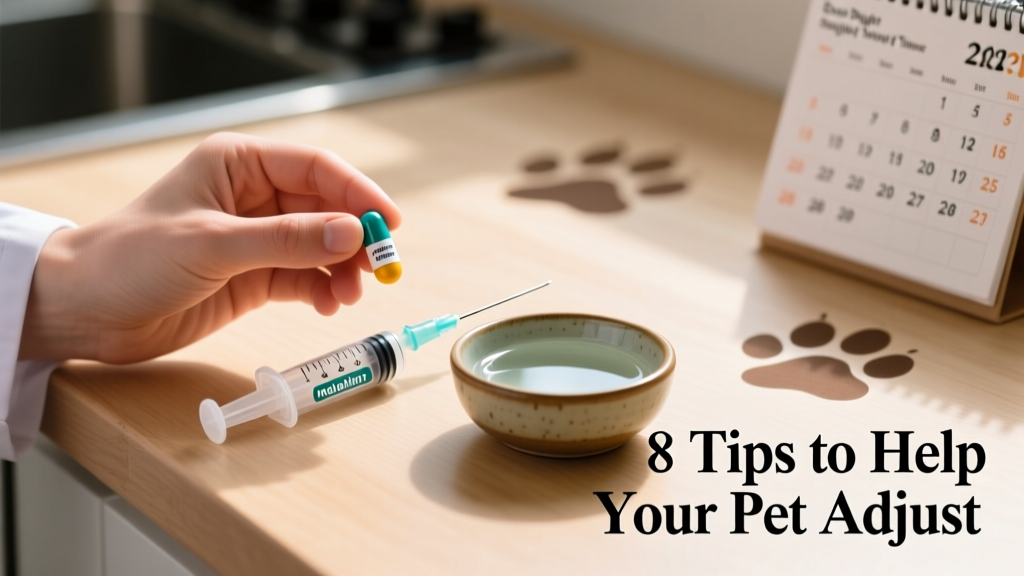 A close-up of a veterinarian’s hand holding a pet-safe melatonin capsule next to a measuring syringe and a bowl of fresh water, emphasizing responsible supplementation