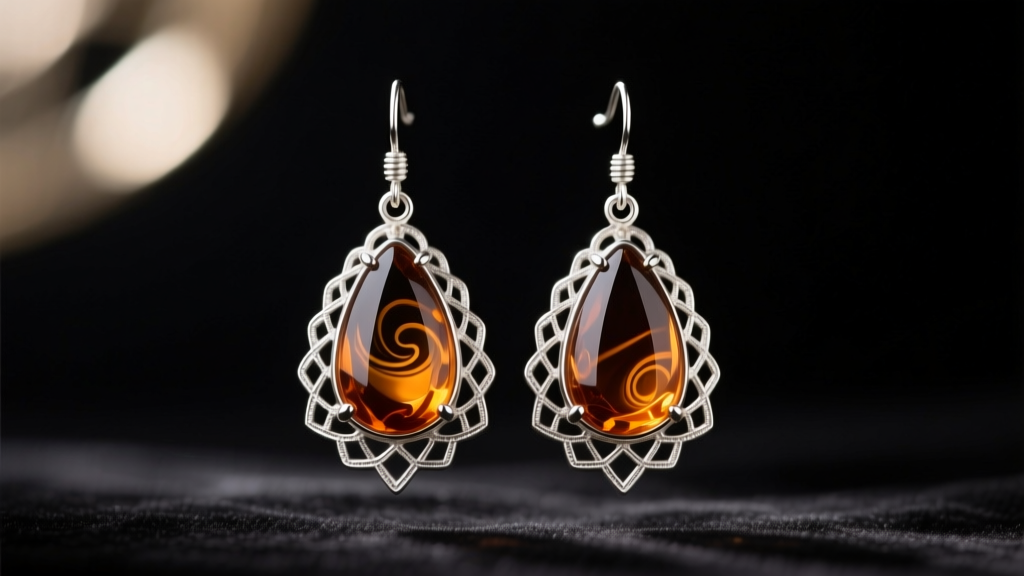Close-up of a pair of vintage Art Deco camphor glass drop earrings with sterling silver filigree settings against dark velvet.