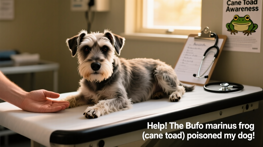 A small, tired but alert Schnauzer resting on a vet exam table with a gentle hand nearby