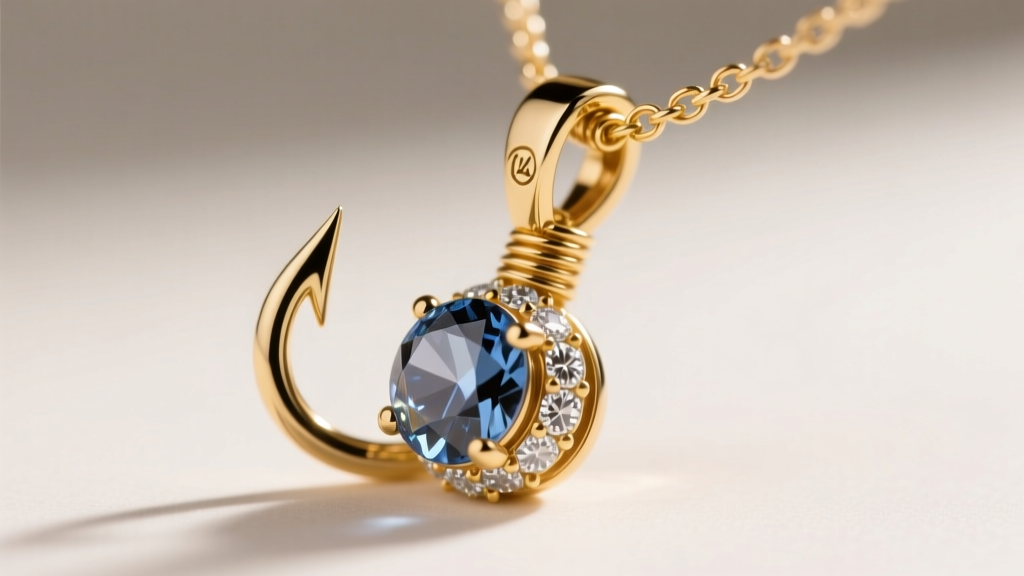 Detailed view of a 14k gold fishhook clasp on a gemstone ball necklace, showing the safety catch and tension mechanism clearly.