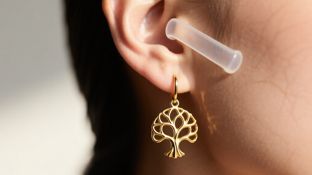 Close-up of a stretched earlobe wearing a heavy 18k gold tree of life drop earring supported by a clear silicone ear lift patch