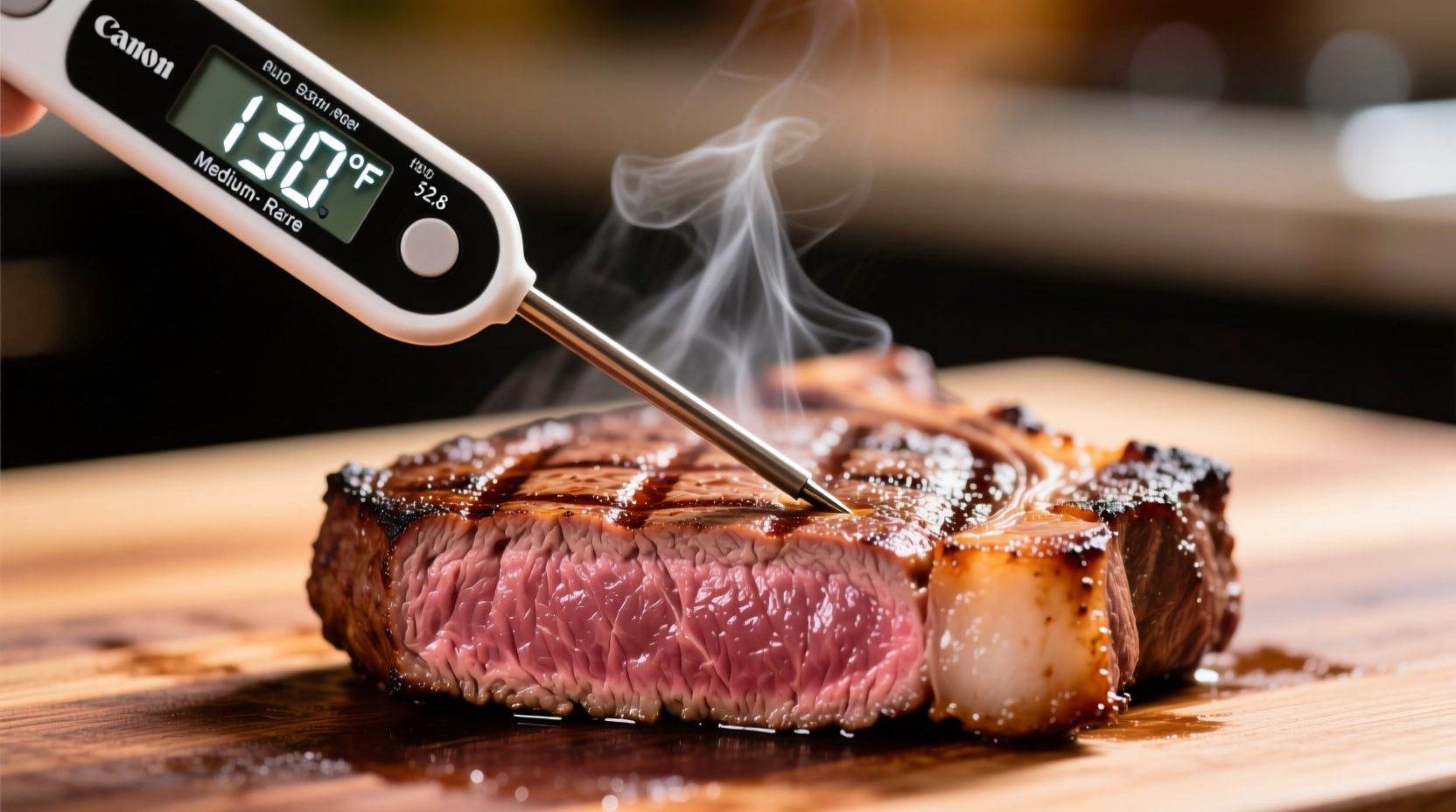 Thermometer measuring steak internal temperature