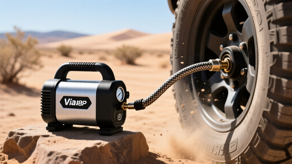 The Viair 88P portable air compressor hooked up to an off-road truck tire on a dusty trail, with the braided hose fully extended.