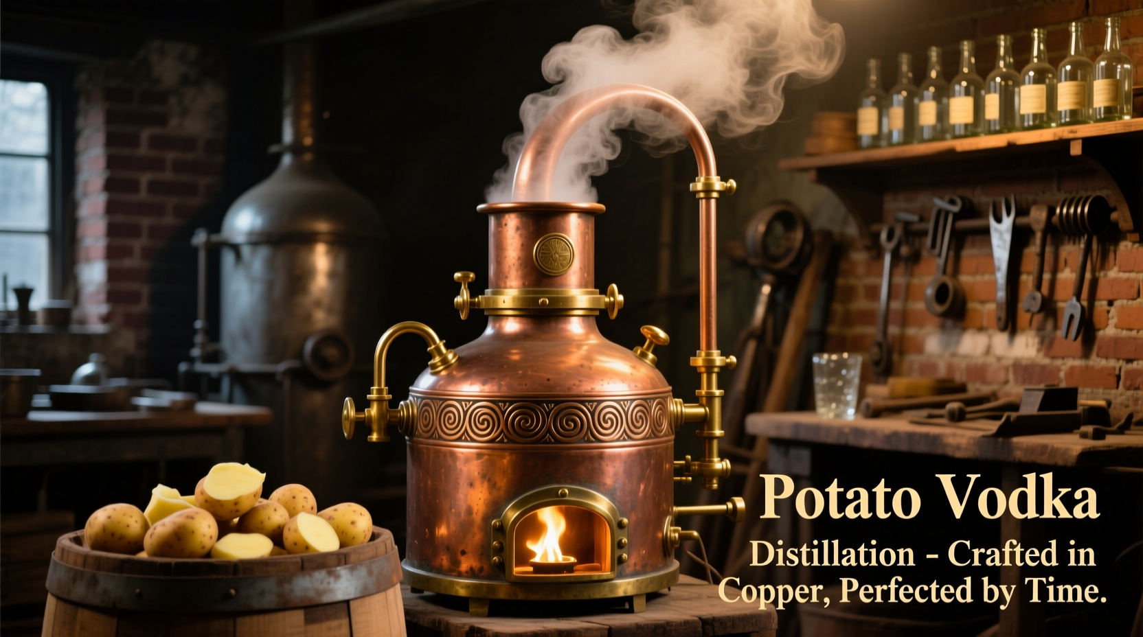 Potato vodka distillation process showing copper stills