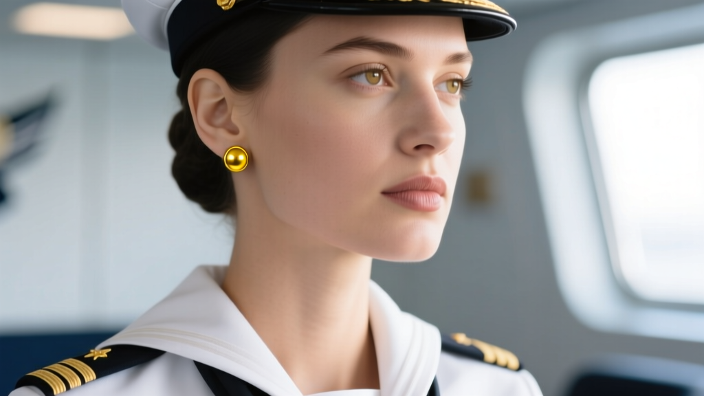 Close-up of a female sailor in service dress white uniform wearing compliant 6mm yellow gold ball stud earrings on her earlobes