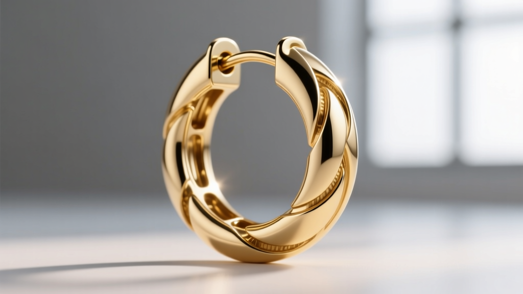 Extreme close-up of a 14k gold hinged snap clasp on a 40mm hoop, showing the interlocking groove and polished metal finish
