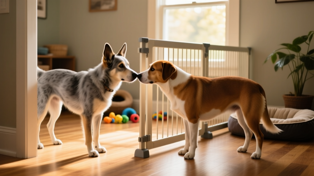 A foster dog and resident dog sniffing each other calmly through a baby gate indoors
