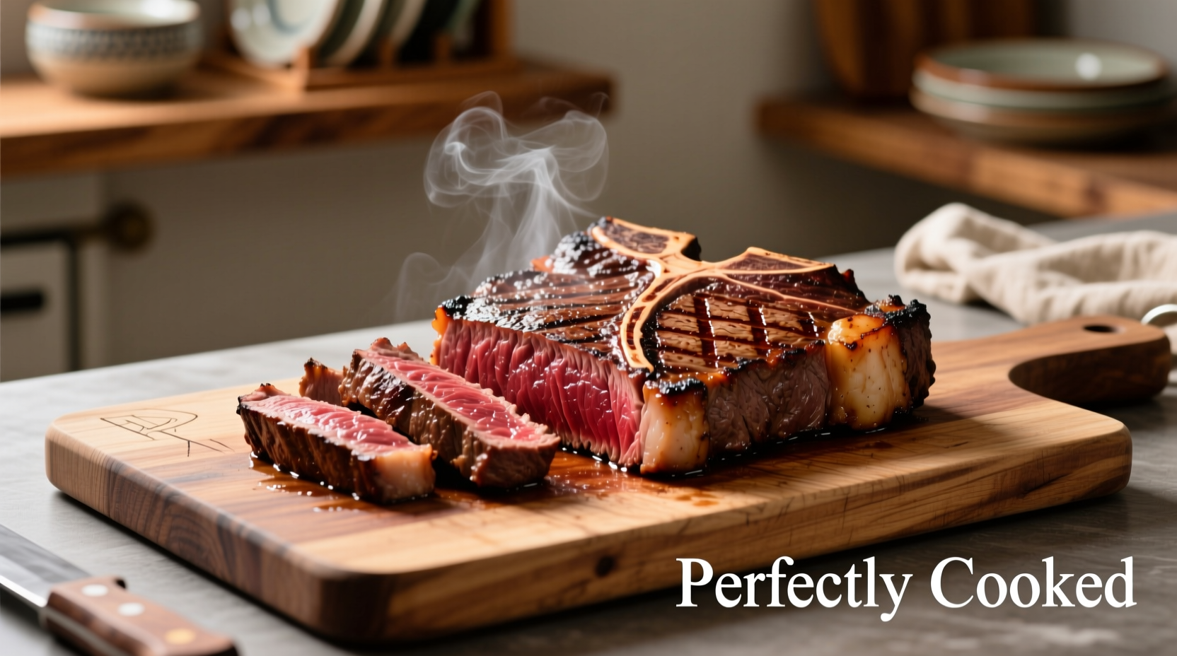 Perfectly cooked T-bone steak on cutting board