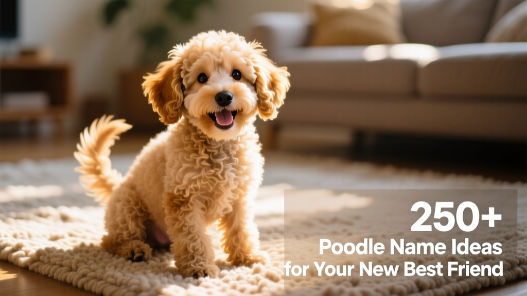 A joyful Poodle puppy sitting on a sunlit rug, tail wagging, with soft curly fur gleaming