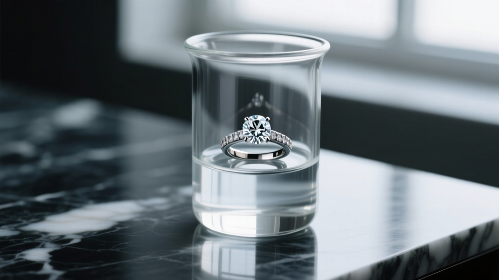 Macro shot of a diamond ring submerged in a glass beaker of clear liquid jewelry cleaner on dark marble with soft lighting.
