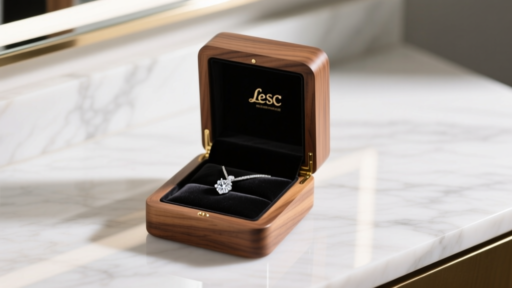Elegant FSC-certified walnut wood necklace display box open on a marble vanity, revealing a diamond pendant on black velvet.
