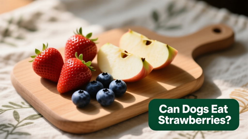 A variety of dog-safe fruits including strawberries, apples, and blueberries arranged on a pet-friendly cutting board