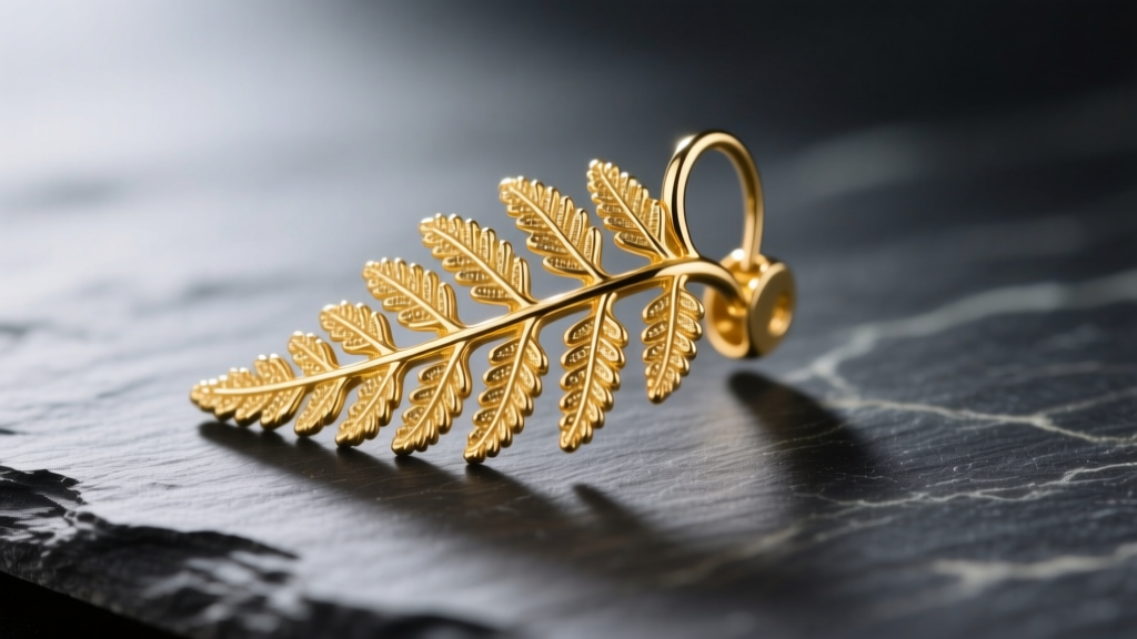 Macro shot of an 18k gold fern earring with milgrain leaf detailing, resting on dark slate under soft directional lighting