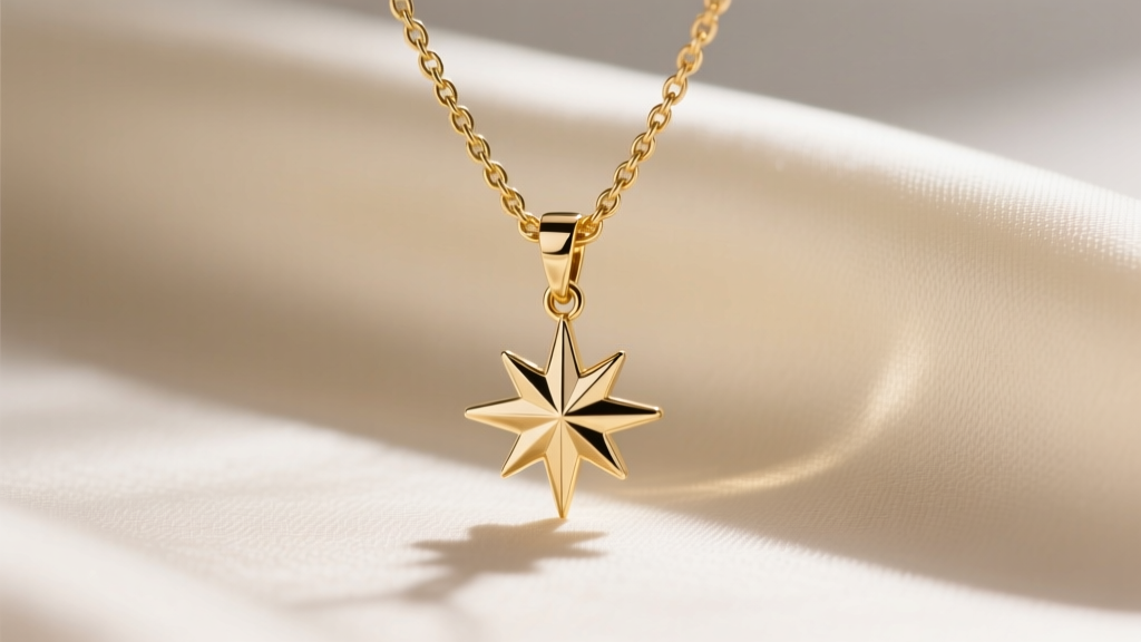 Delicate 1.0mm 18k gold cable chain threaded through a north star pendant bail, photographed against a soft cream silk background