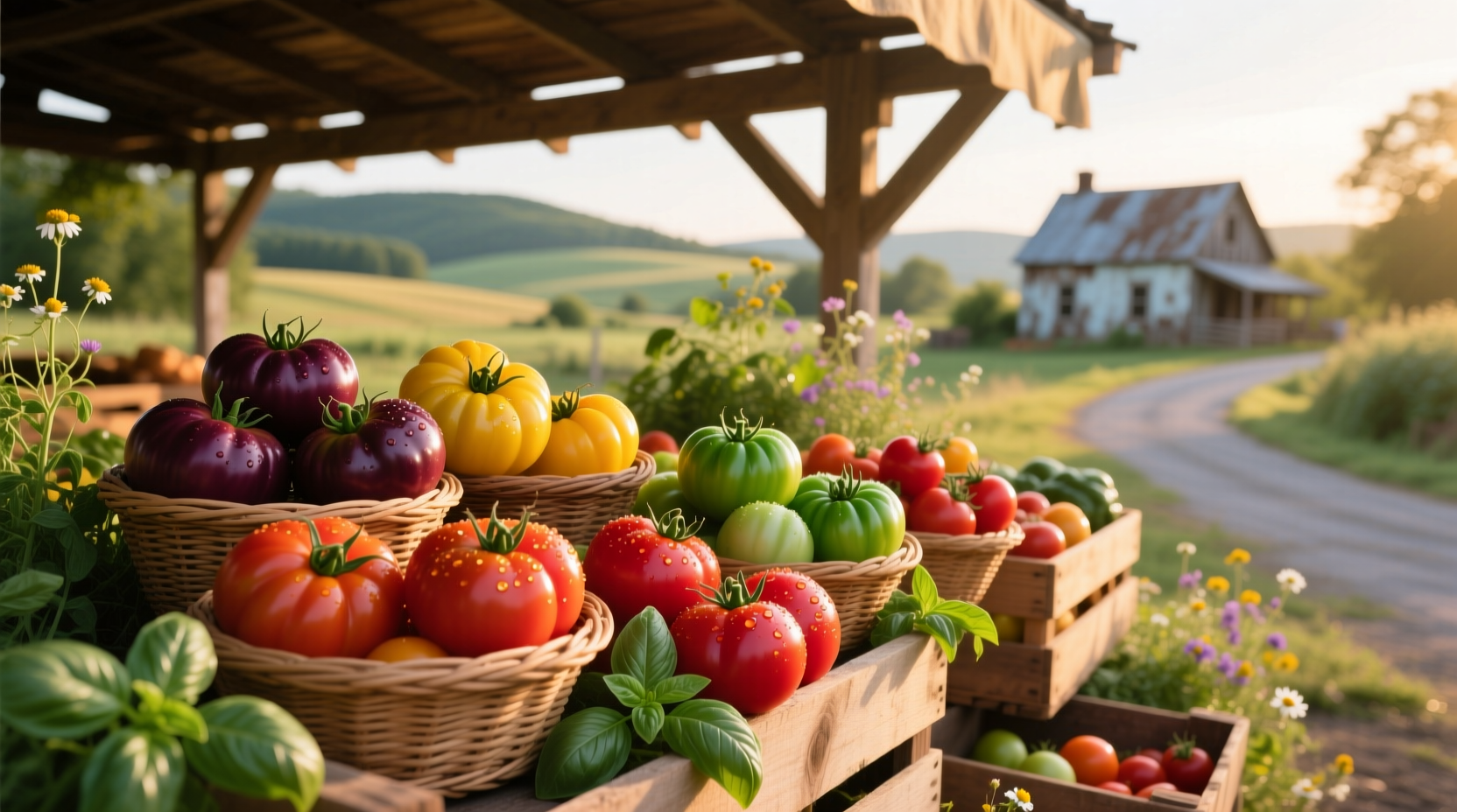 Colorful heirloom tomatoes at a seasonal farm stand