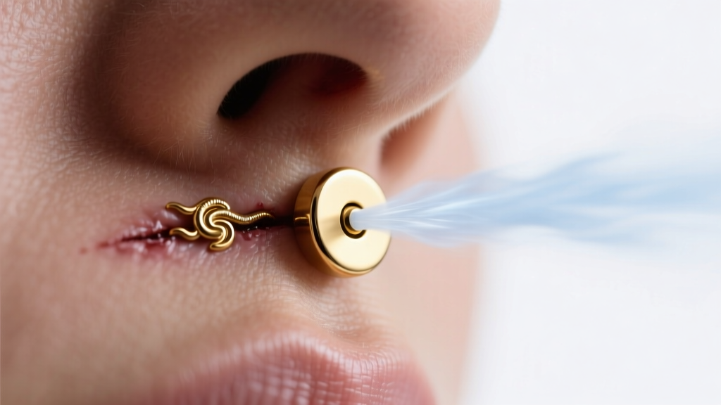 Sterile saline spray misting a healed medusa piercing featuring a gold PVD flat back labret stud under soft lighting.