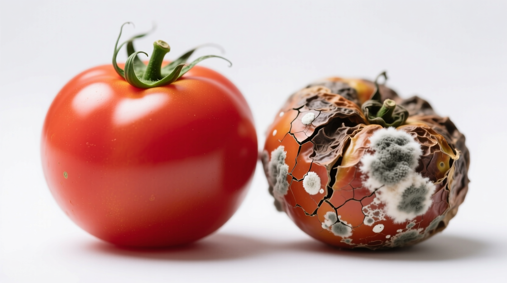 Close-up of fresh versus spoiled tomatoes side by side