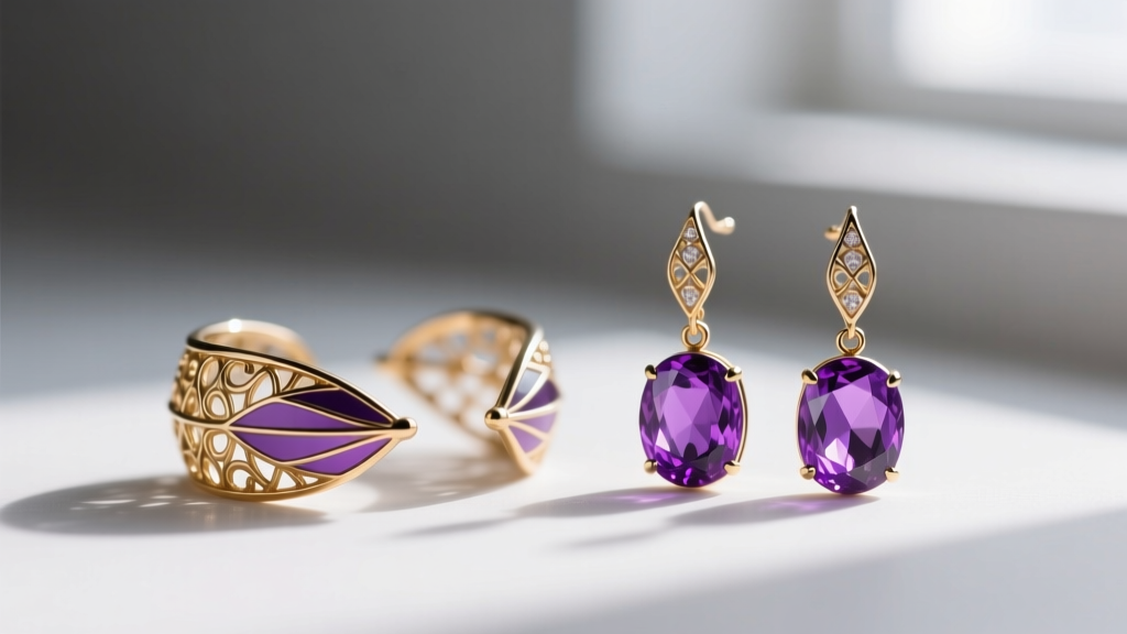 Macro shot of brass and enamel Dirigible Plum ear cuffs and dangles, showcasing detailed filigree and vibrant purple gemstones