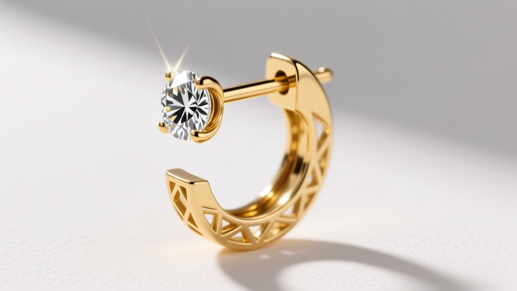 Side profile of an 18k yellow gold gap earring with a floating diamond, highlighting the precise three-millimeter tension space.