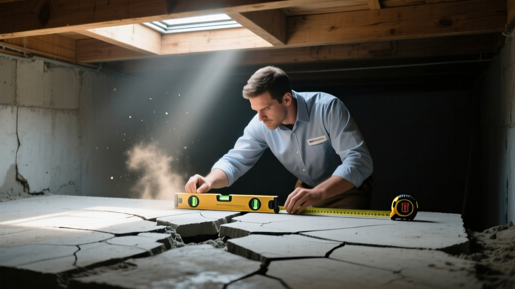 Engineer measuring a cracked concrete slab foundation with a laser level and tape inside a dimly lit residential crawlspace
