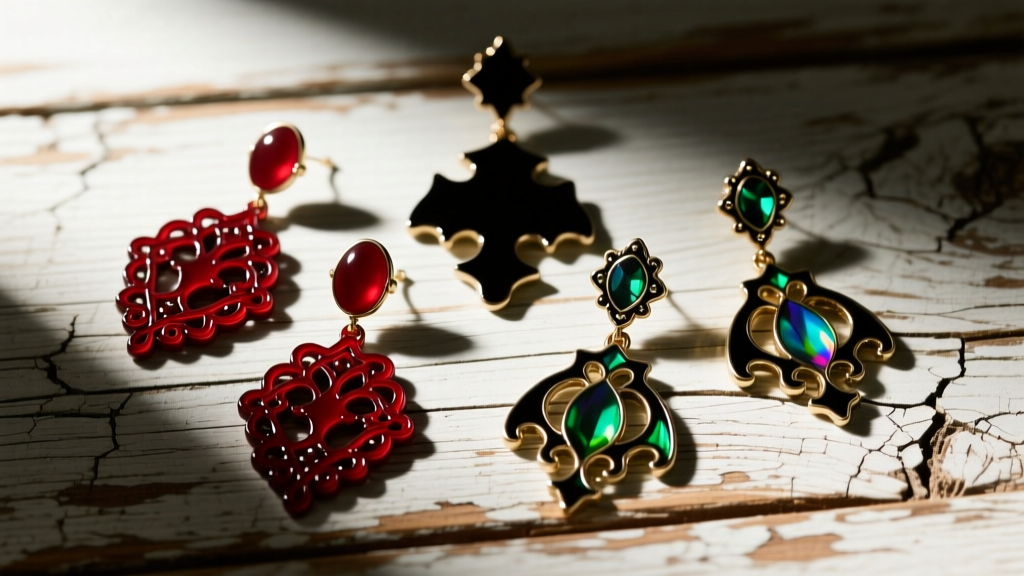 Flat lay of Anna Sui acrylic and enamel dangle earrings in gothic designs, arranged neatly on a distressed antique wooden surface.