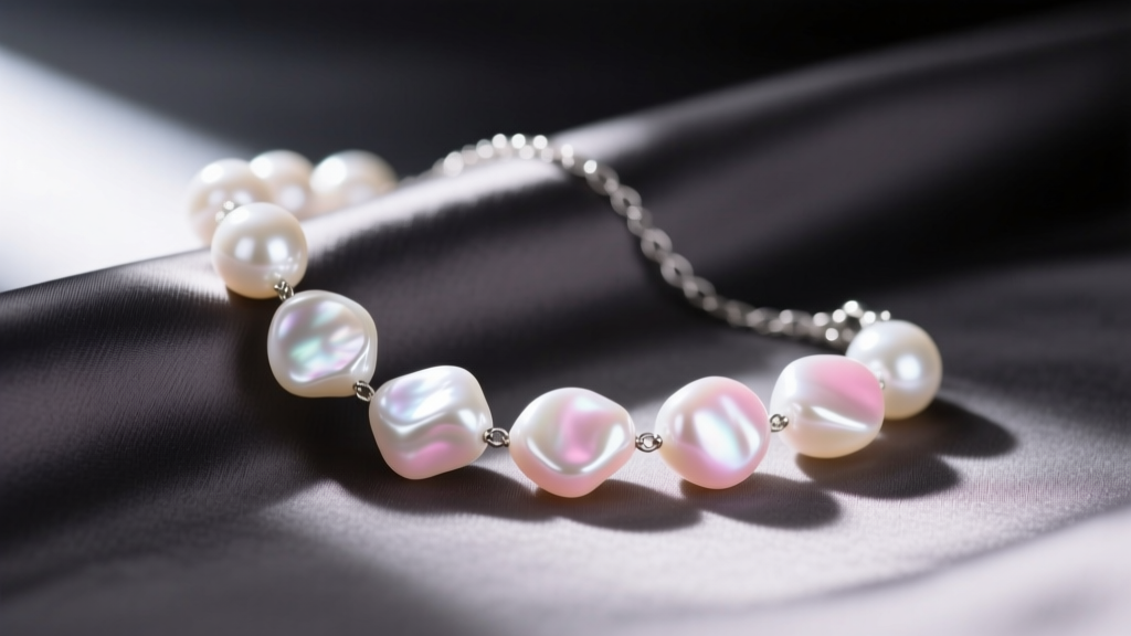 Close-up of irregular white freshwater baroque pearls with pink overtones on a necklace, resting against dark charcoal silk fabric.