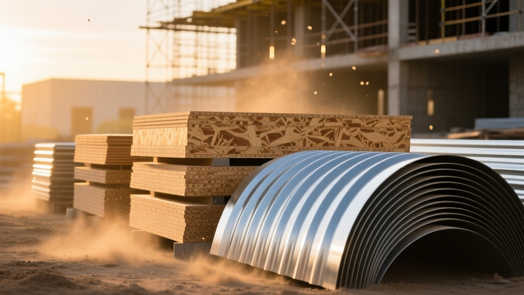 Stacked oriented strand board panels and corrugated galvanized steel sheets arranged on a dusty commercial construction site at sunrise