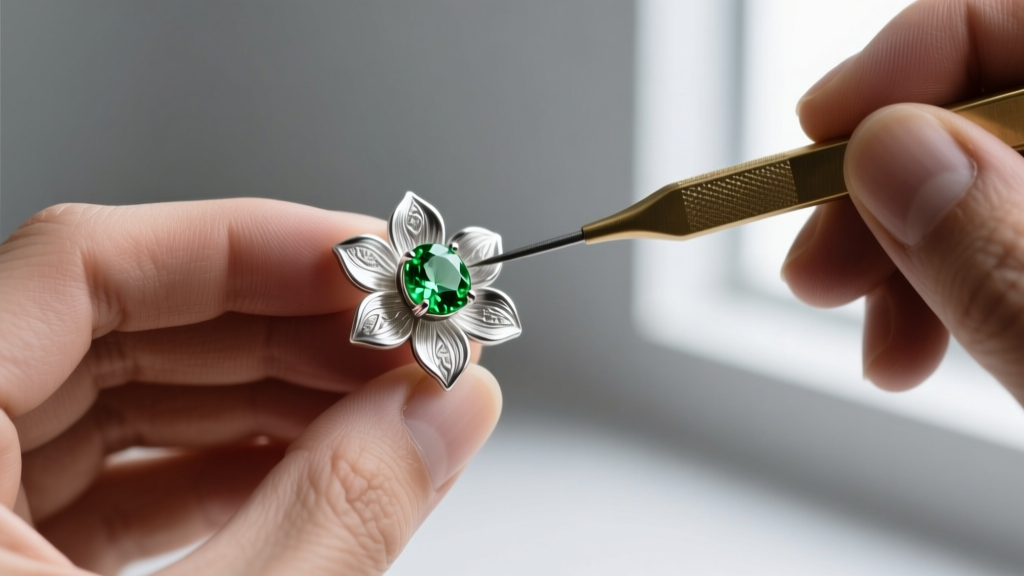 Jeweler using a brass pusher to tighten a four-prong setting holding a round peridot gem in the center of a silver flower earring