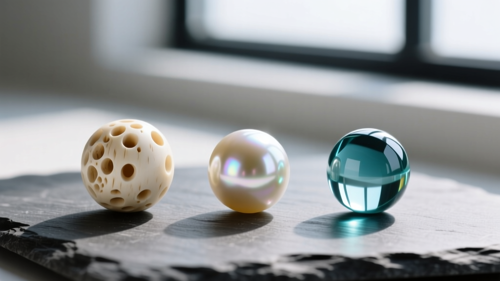 Three 16mm spherical beads side-by-side on slate: porous carved bone, lustrous freshwater pearl, and smooth cast acrylic resin.