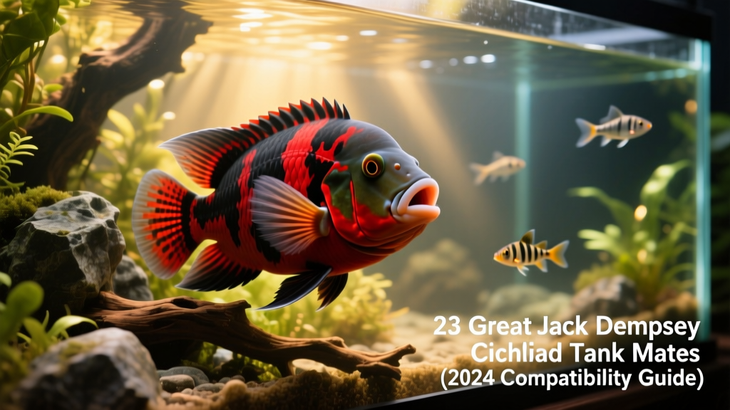 A vibrant adult Jack Dempsey cichlid flaring its gills near a rocky aquascape
