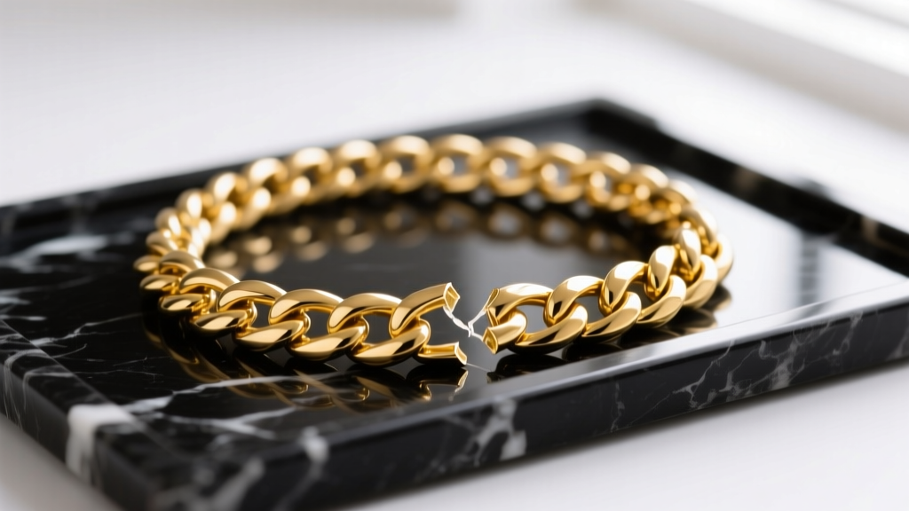 Close-up of a broken 14k yellow gold Cuban link chain resting on a jeweler's black velvet pad next to a digital gold scale.