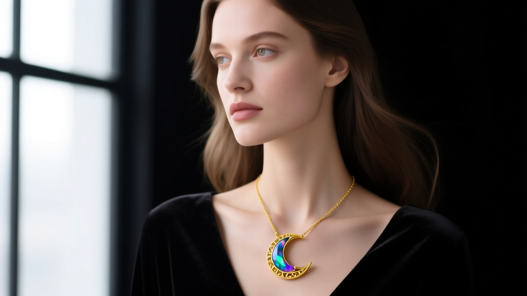Model wearing a 14k yellow gold crescent moon pendant necklace featuring a bezel-set rainbow moonstone against dark velvet.