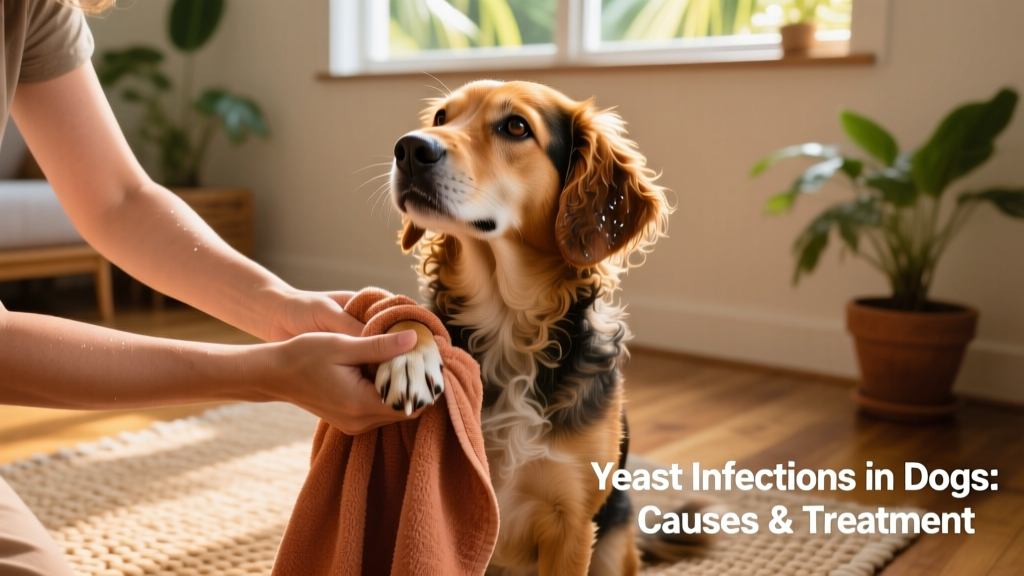 Owner carefully drying a dog’s paws and ear folds with a soft towel after a walk in humid weather