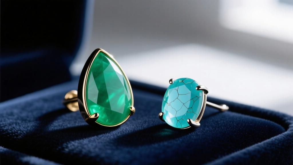Detailed view of chrysoprase drop earring in a secure bezel setting next to a fragile prong-set amazonite earring on dark velvet