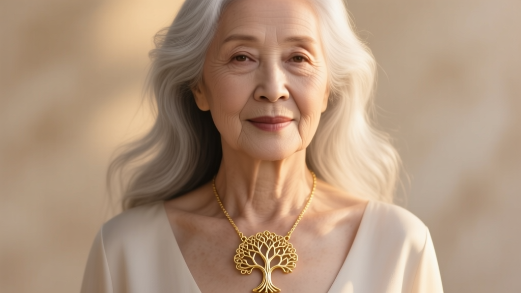 Elegant elderly woman with silver hair wearing a delicate 18k gold family tree pendant, soft warm lighting, close-up portrait
