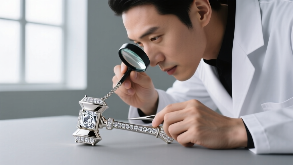 Jeweler using a loupe to inspect the pave diamond settings on the striking face of a custom white gold gavel necklace pendant.